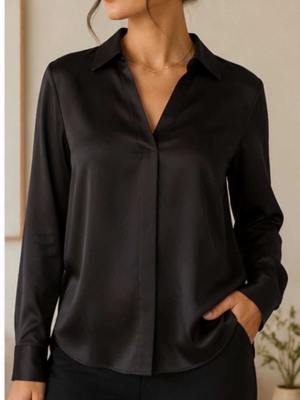 Grace Karin Black Satin V-Neck Button-Front Blouse